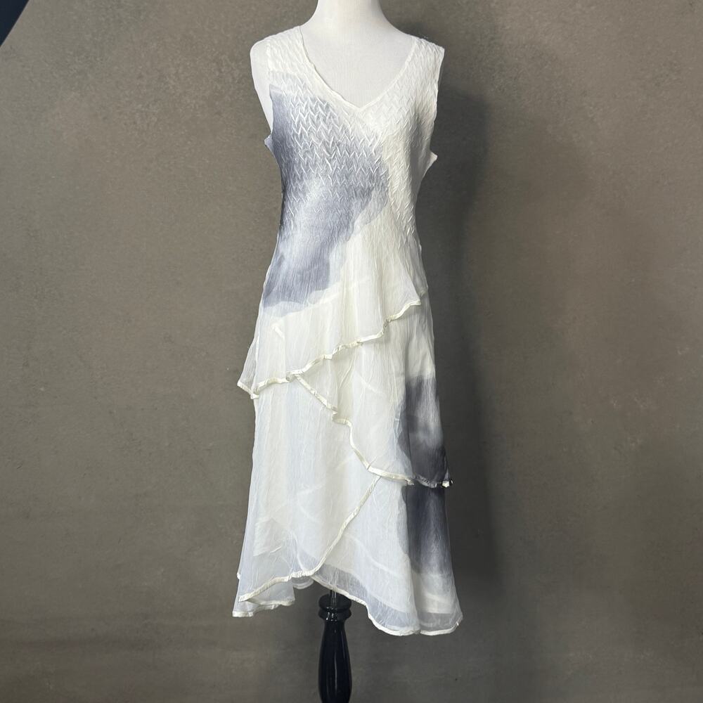 Komarov Womens M White Gray Watercolor Tiered Asymmetrical Midi Dress USA Made